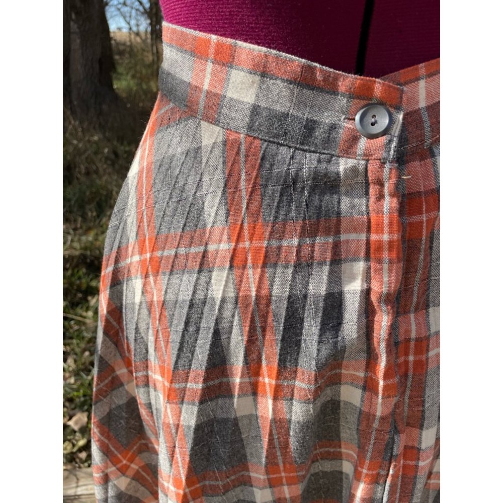 Vintage 1970s Wool Blend Plaid Pleated Skirt Gray Orange Size M - Picture 10 of 11